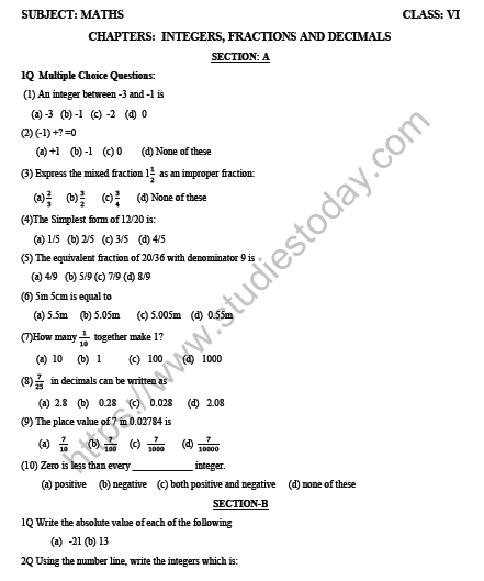 Cbse Class 6 Maths Integers Worksheets With Answers Questions